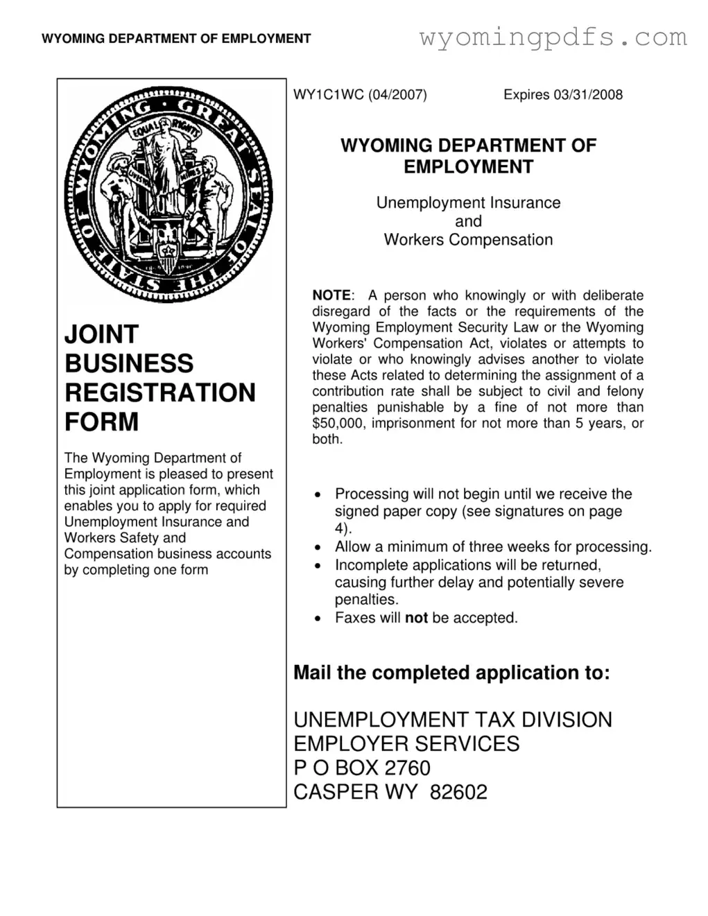 Fill Your Joint Registration Wyoming Template