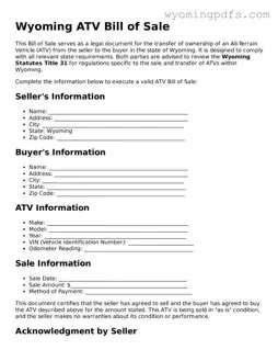 Blank Wyoming ATV Bill of Sale Form