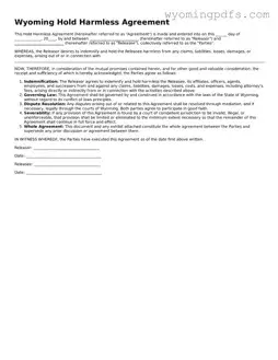 Blank Wyoming Hold Harmless Agreement Form