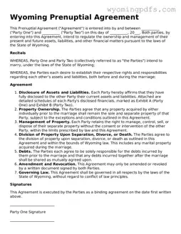 Blank Wyoming Prenuptial Agreement Form