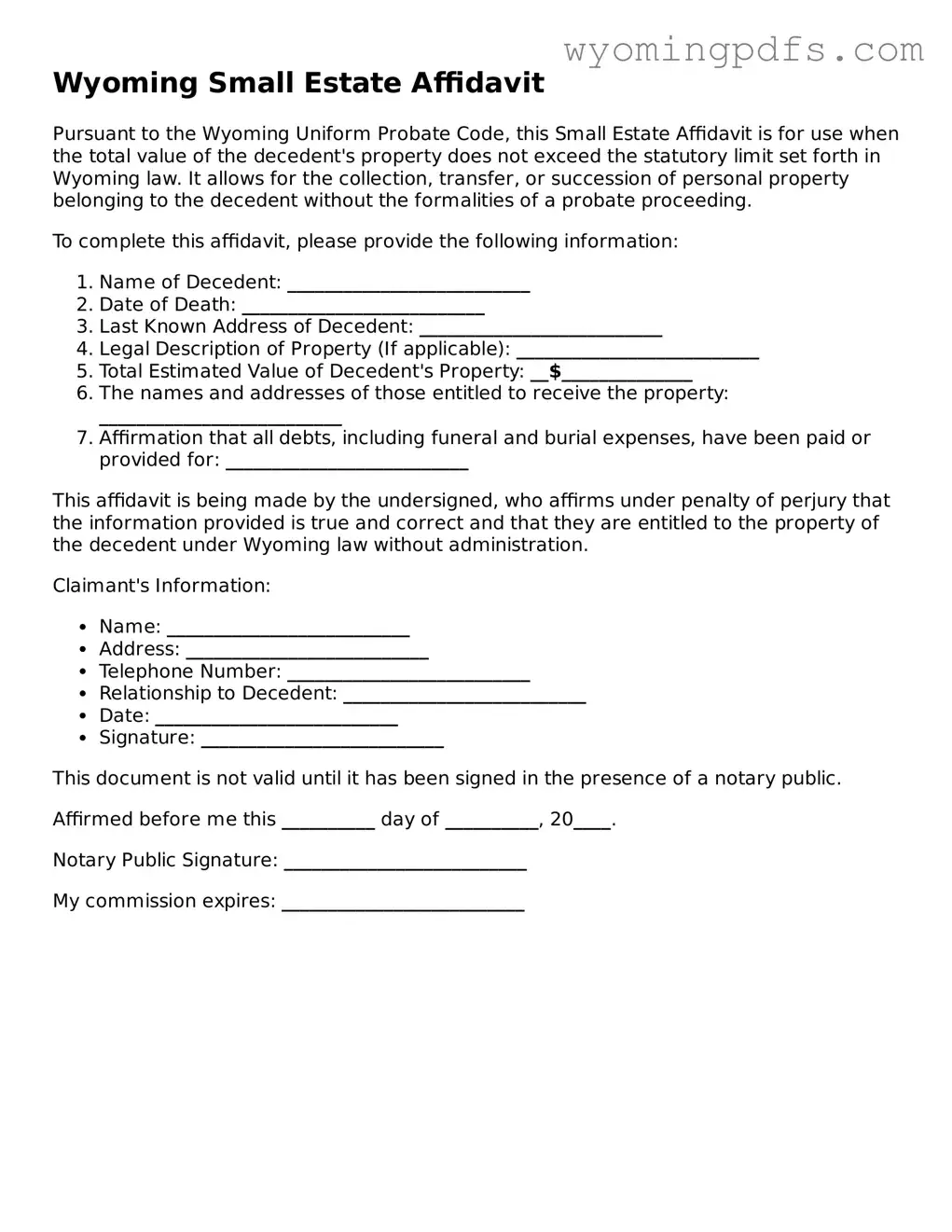Blank Wyoming Small Estate Affidavit Form