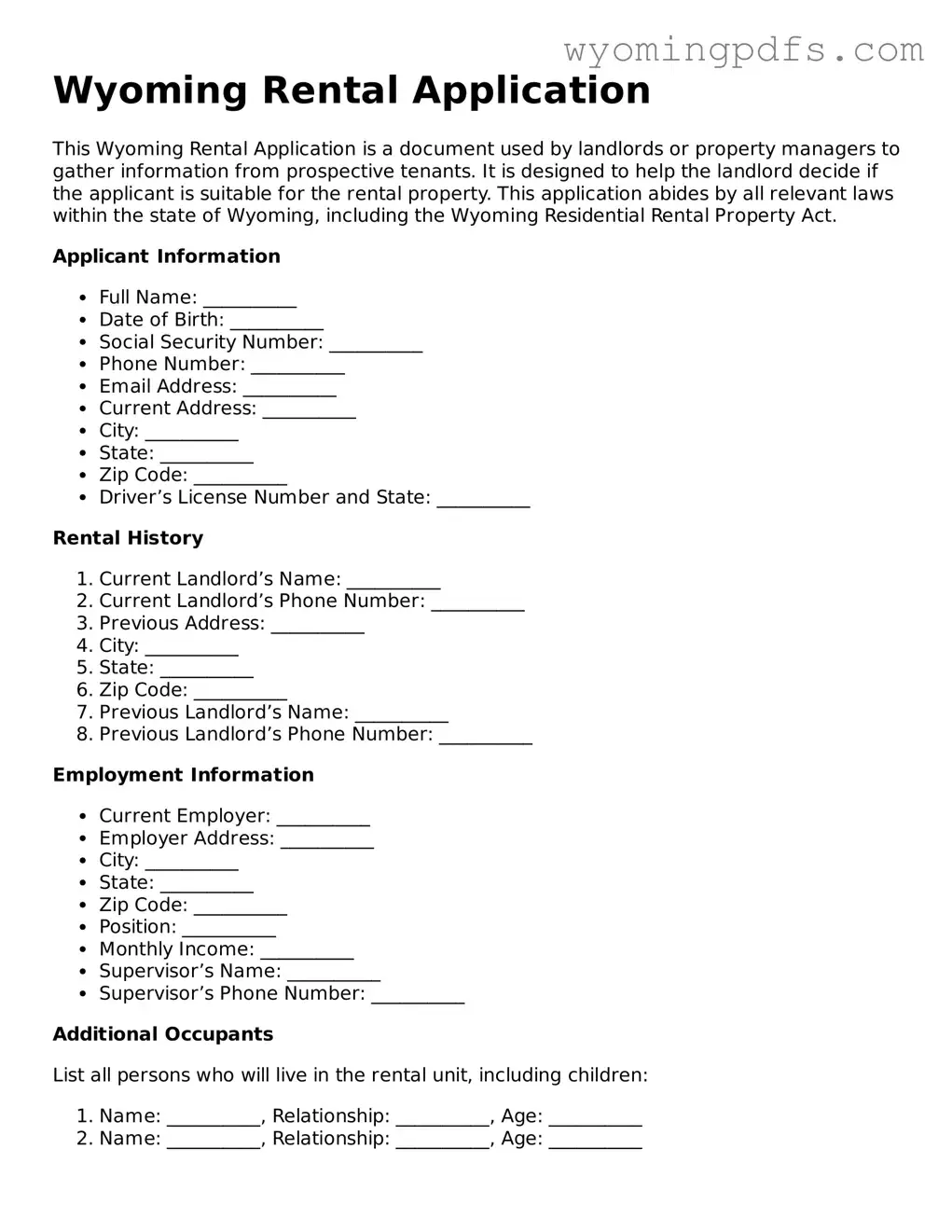 Blank Wyoming Rental Application Form