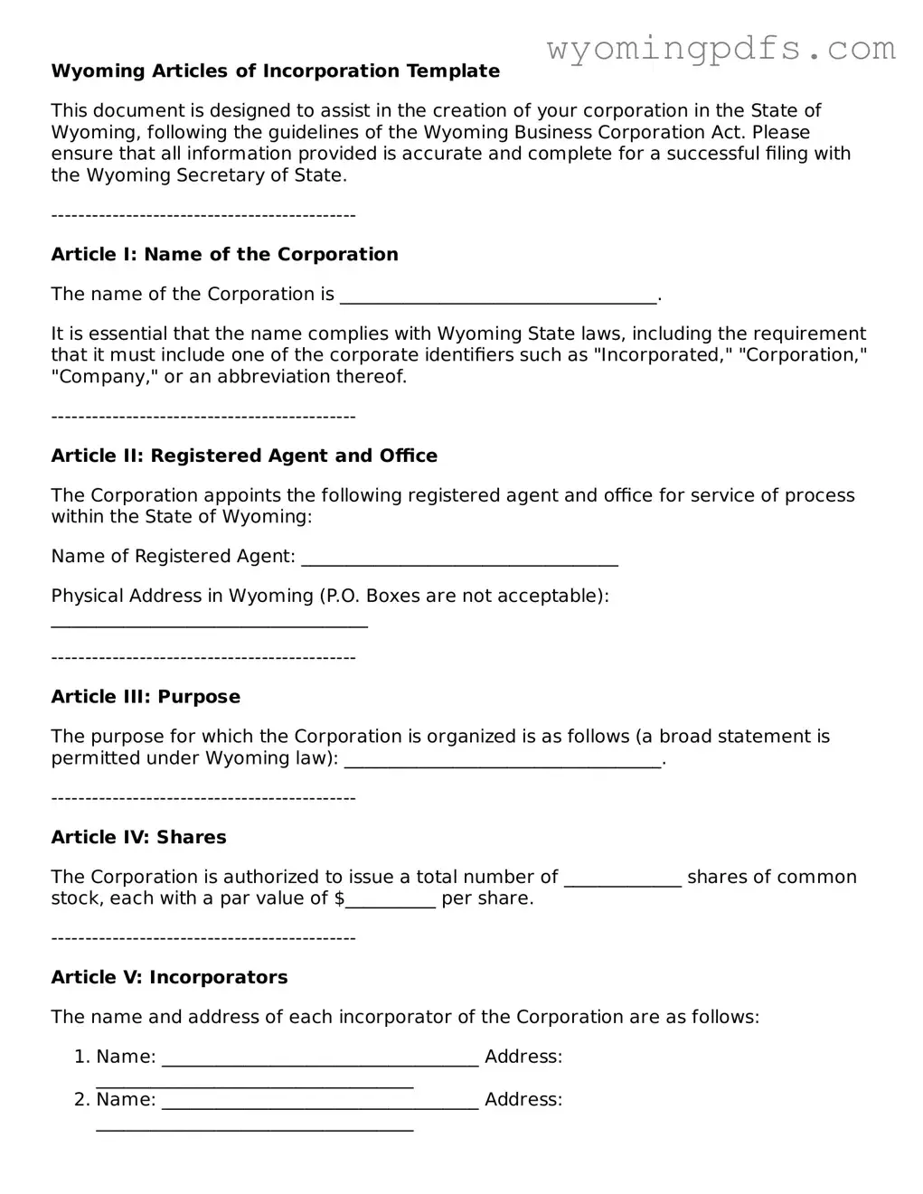 Blank Wyoming Articles of Incorporation Form