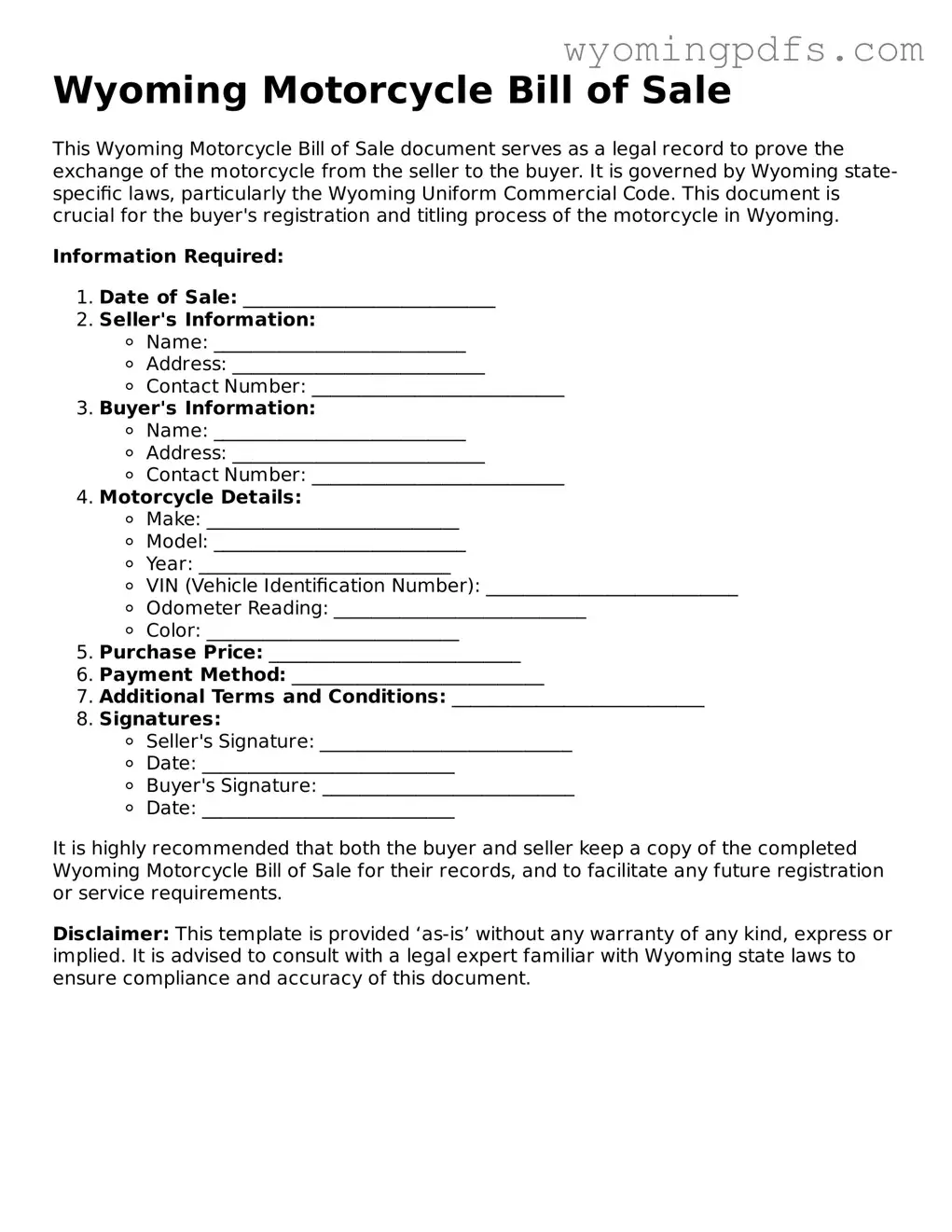 Blank Wyoming Motorcycle Bill of Sale Form