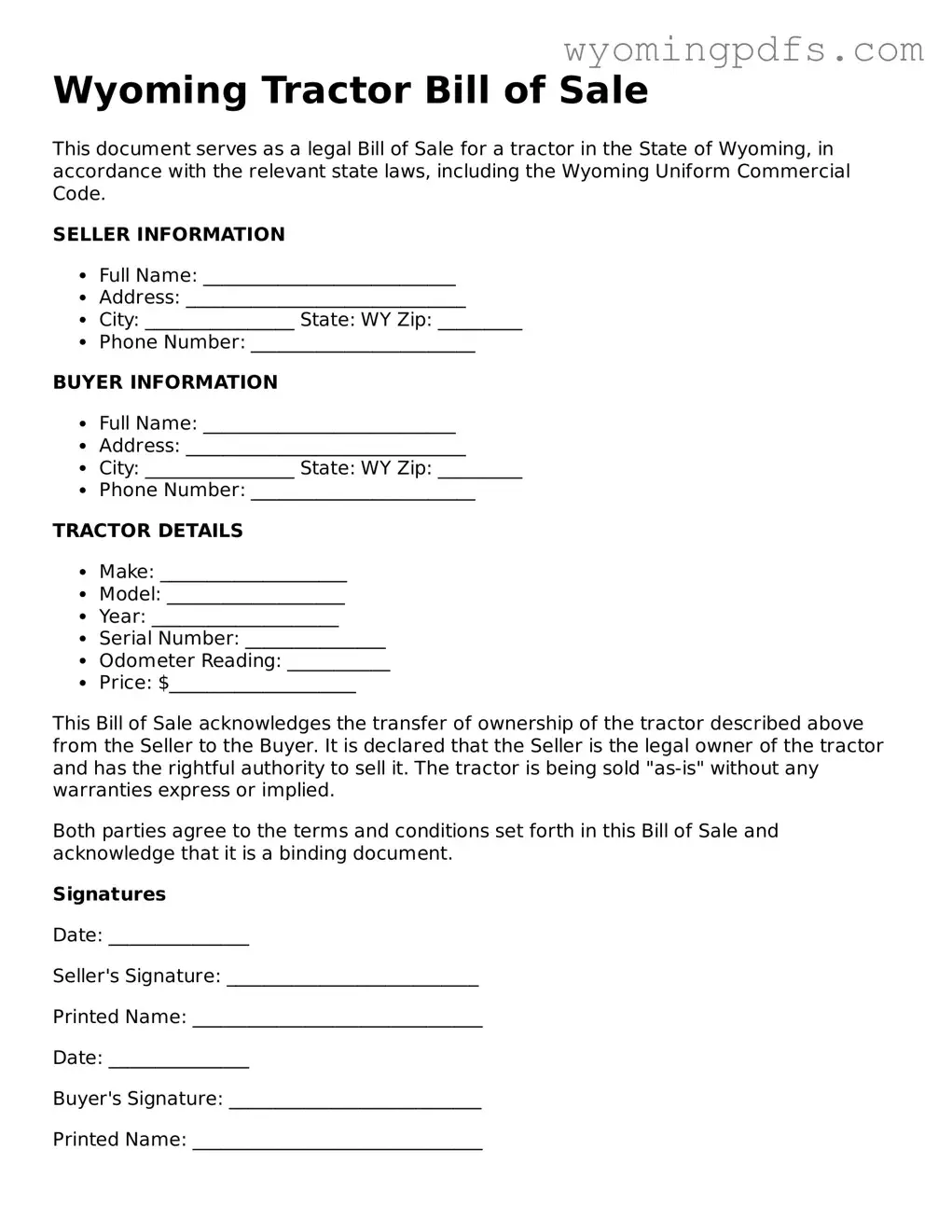 Blank Wyoming Tractor Bill of Sale Form