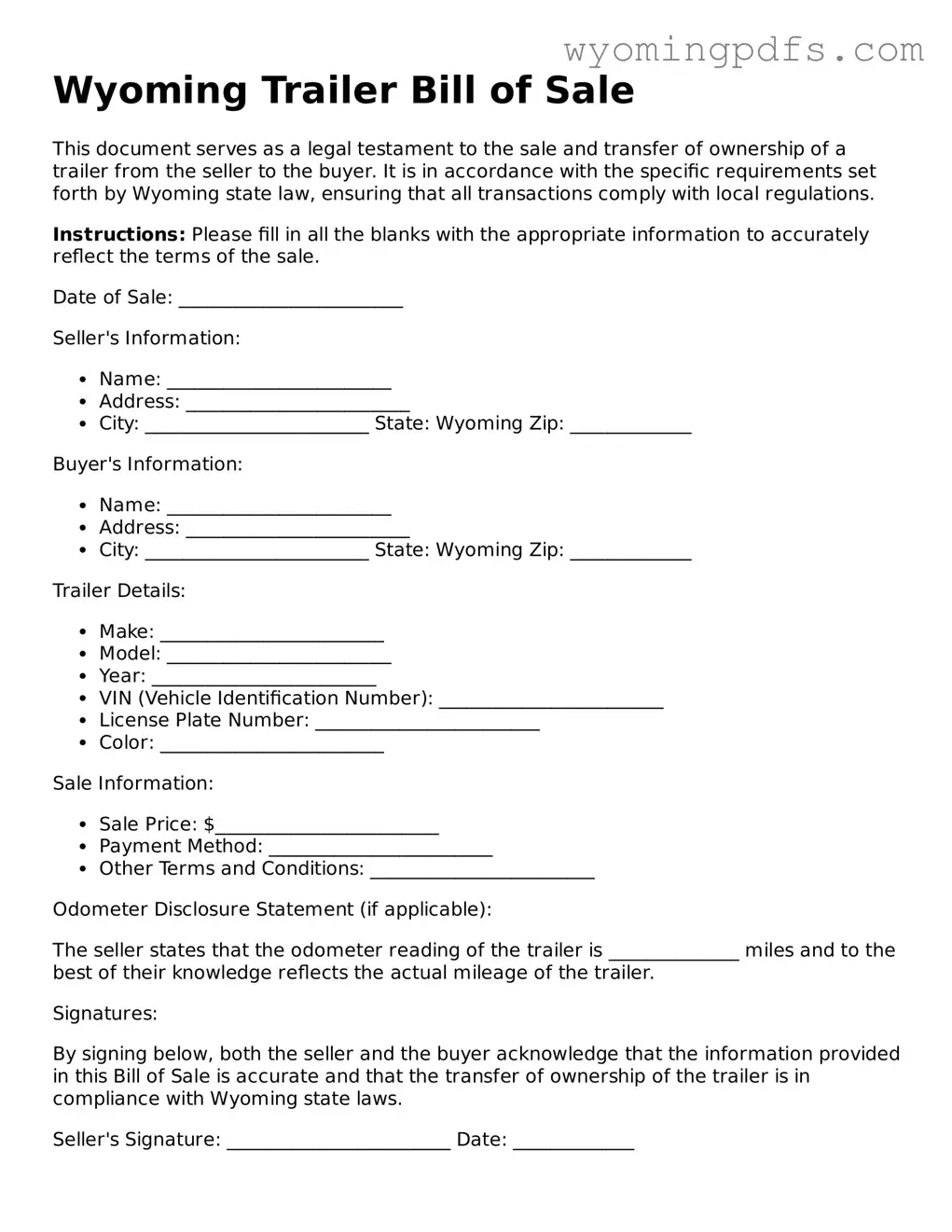 Blank Wyoming Trailer Bill of Sale Form