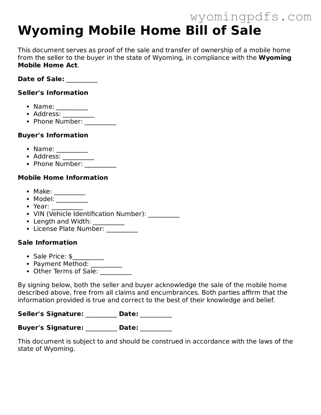 Blank Wyoming Mobile Home Bill of Sale Form