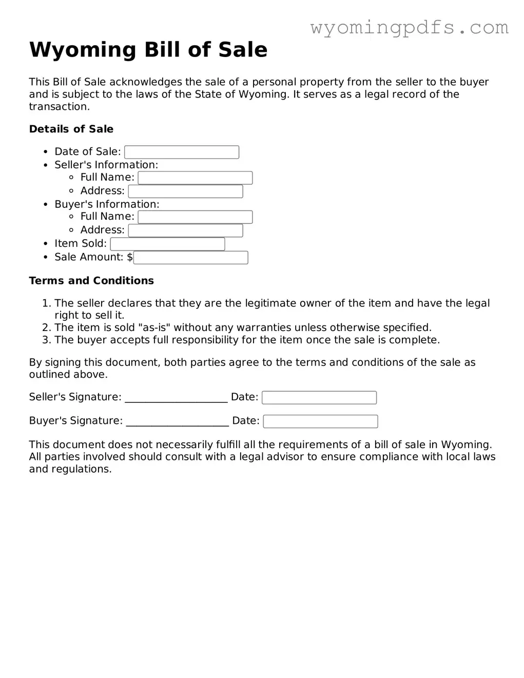 Blank Wyoming Bill of Sale Form