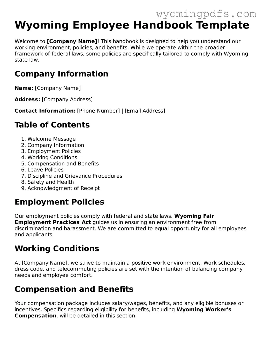 Blank Wyoming Employee Handbook Form