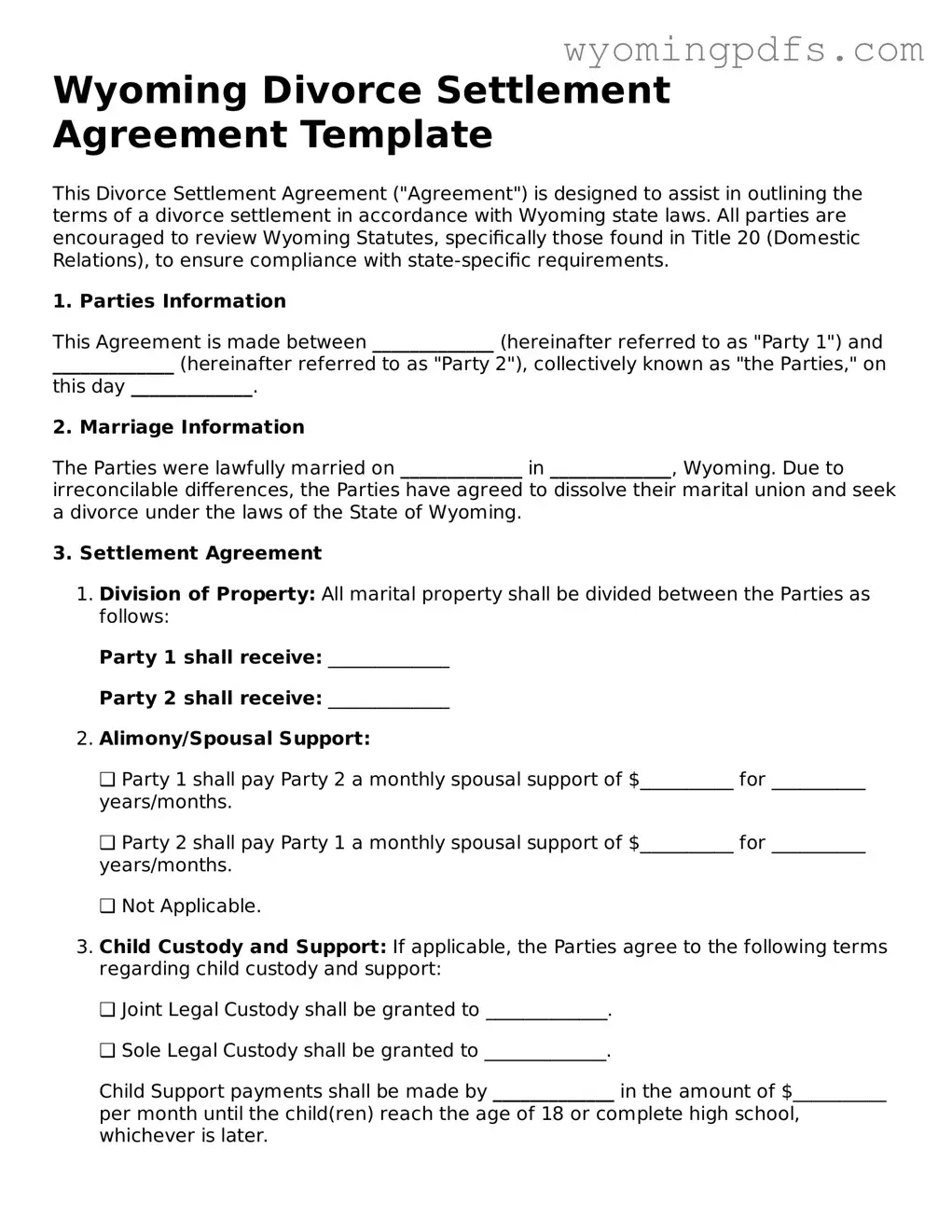 Blank Wyoming Divorce Settlement Agreement Form