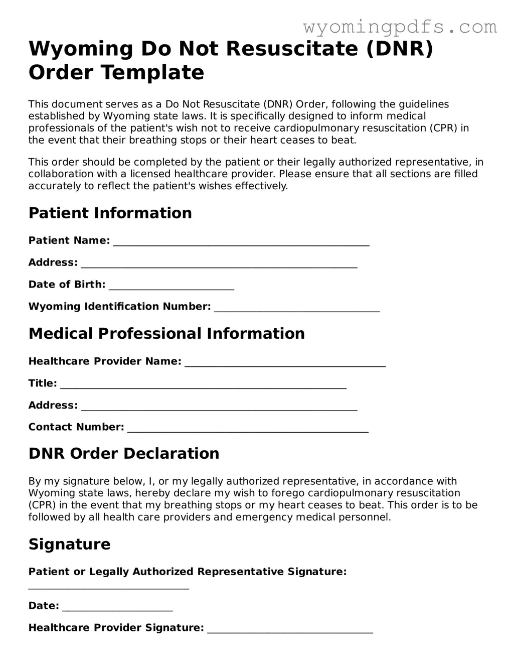 Blank Wyoming Do Not Resuscitate Order Form