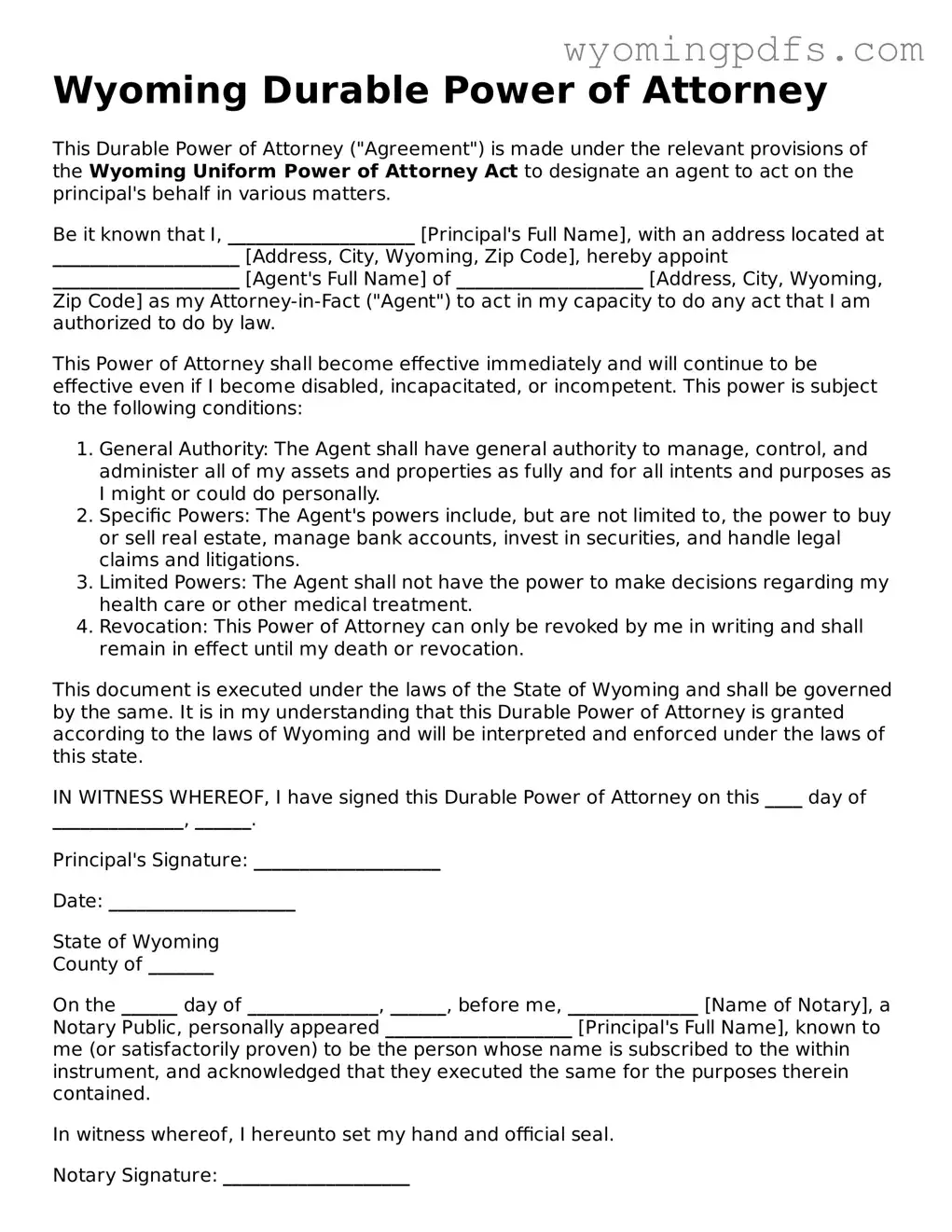 Blank Wyoming Durable Power of Attorney Form