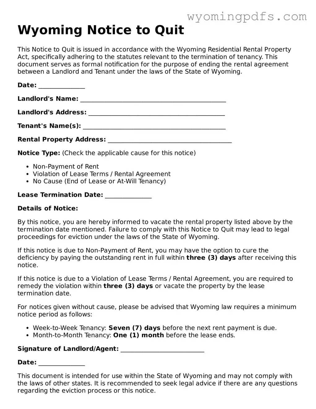 Blank Wyoming Notice to Quit Form