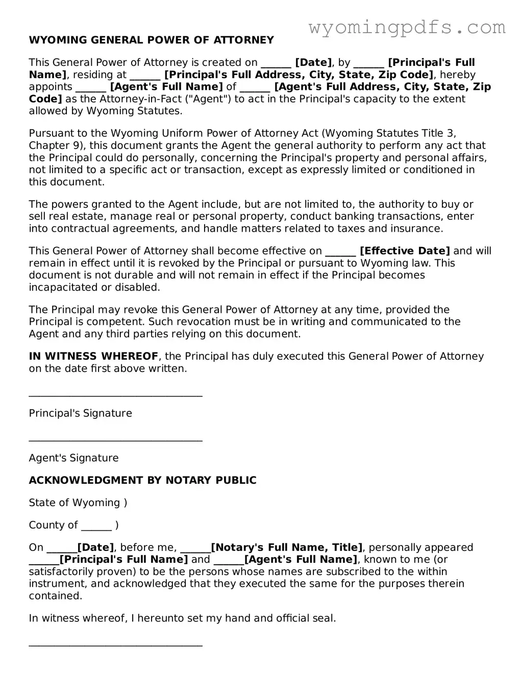 Blank Wyoming General Power of Attorney Form