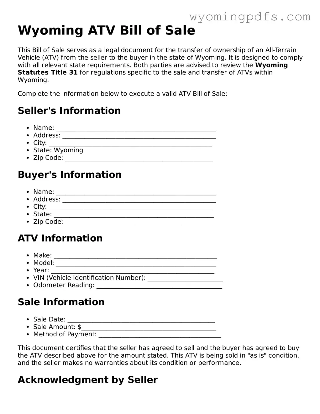 Blank Wyoming ATV Bill of Sale Form