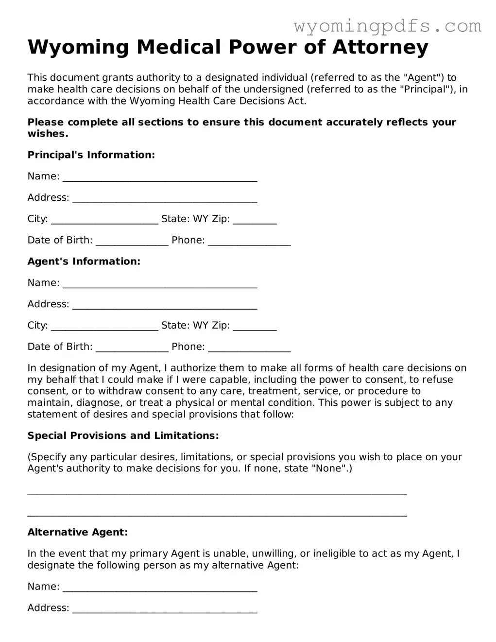 Blank Wyoming Medical Power of Attorney Form