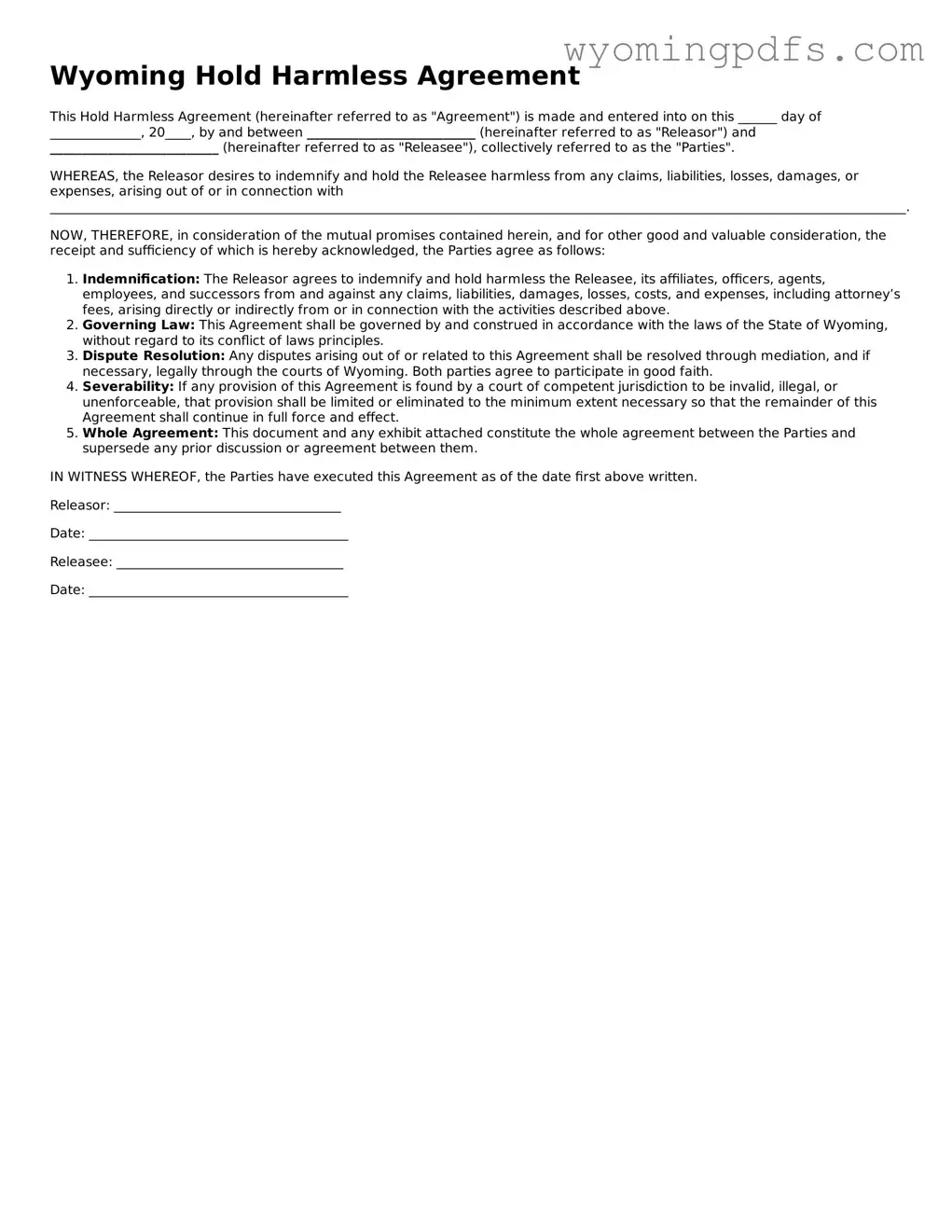 Blank Wyoming Hold Harmless Agreement Form
