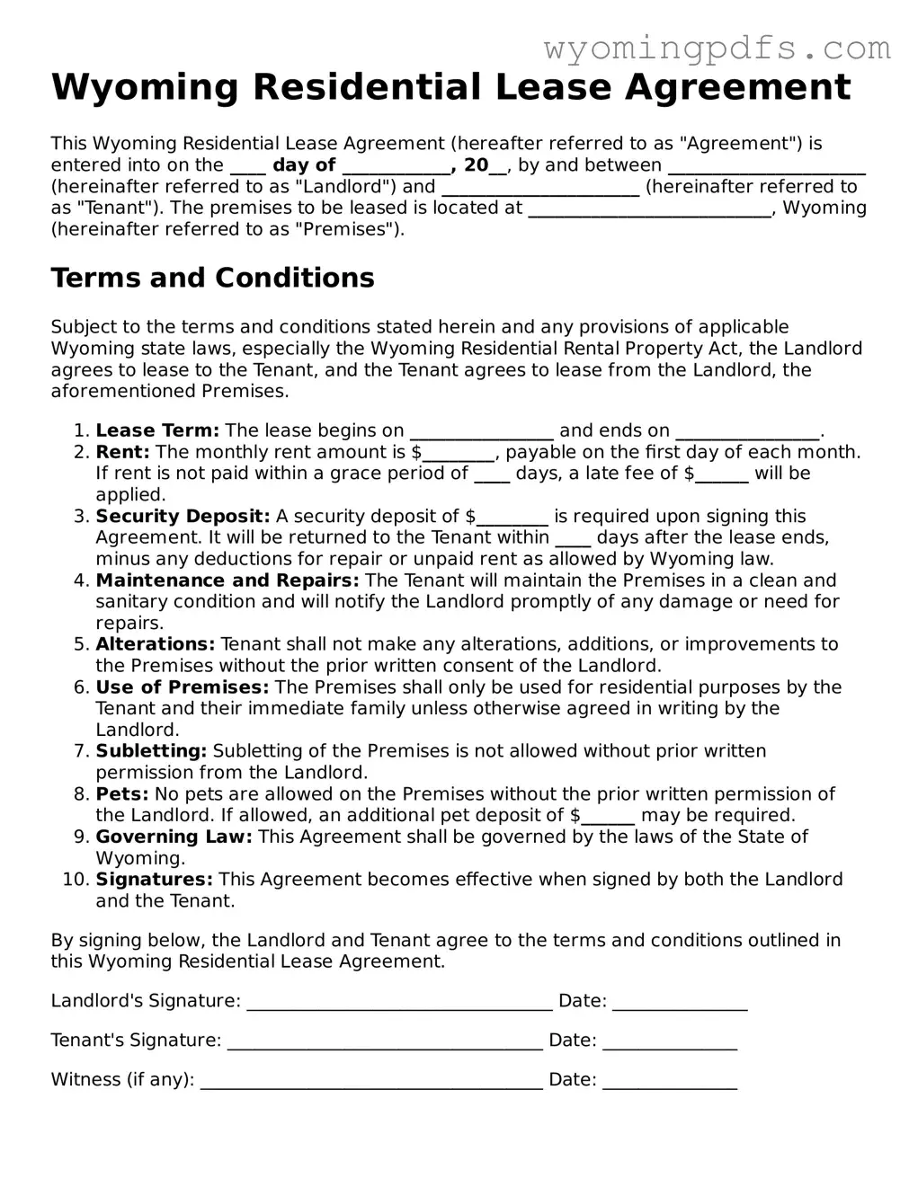 Blank Wyoming Residential Lease Agreement Form