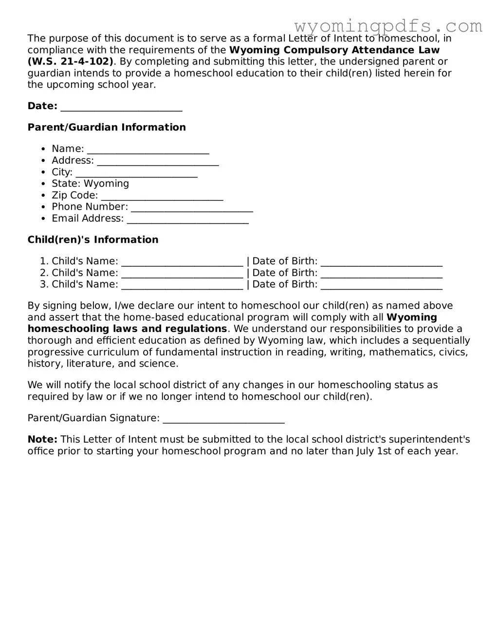 Blank Wyoming Homeschool Letter of Intent Form