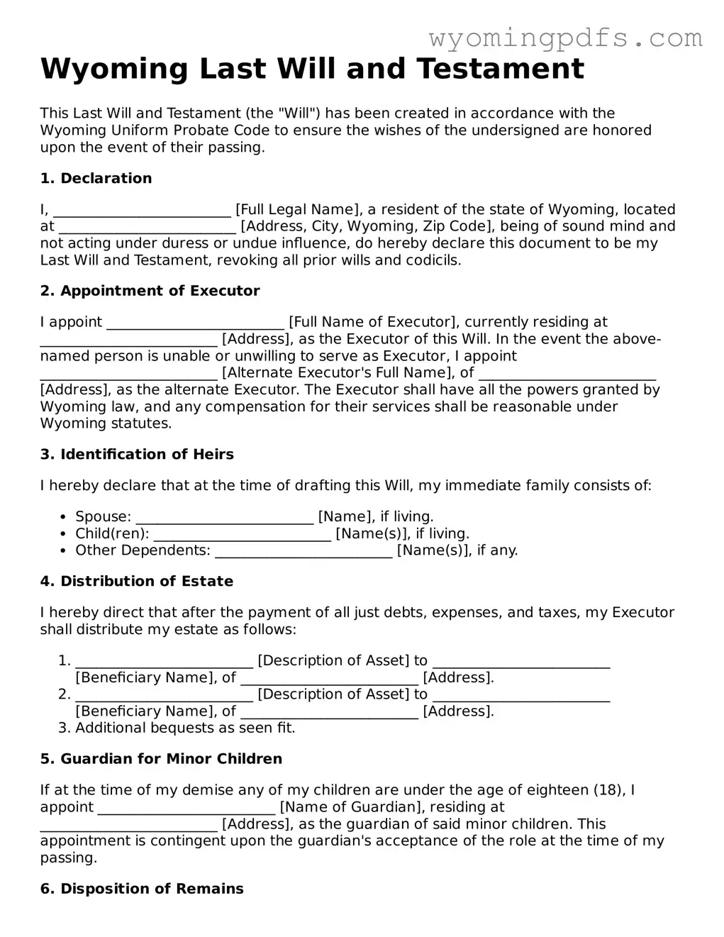 Blank Wyoming Last Will and Testament Form