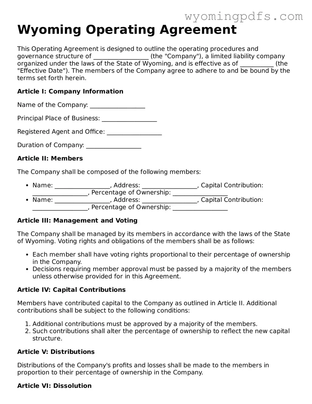 Blank Wyoming Operating Agreement Form