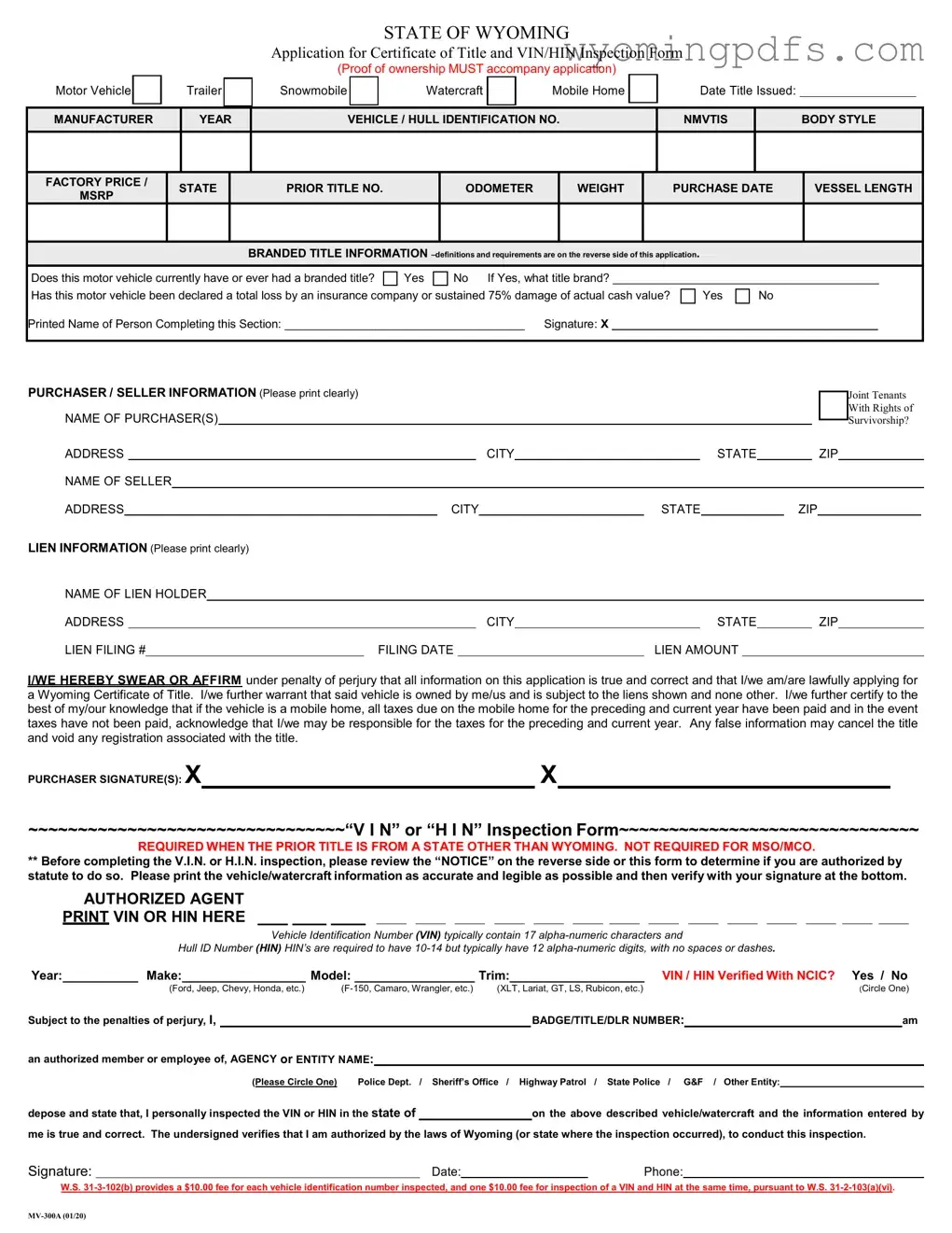 Fill Your Wyoming Mv 300A Template