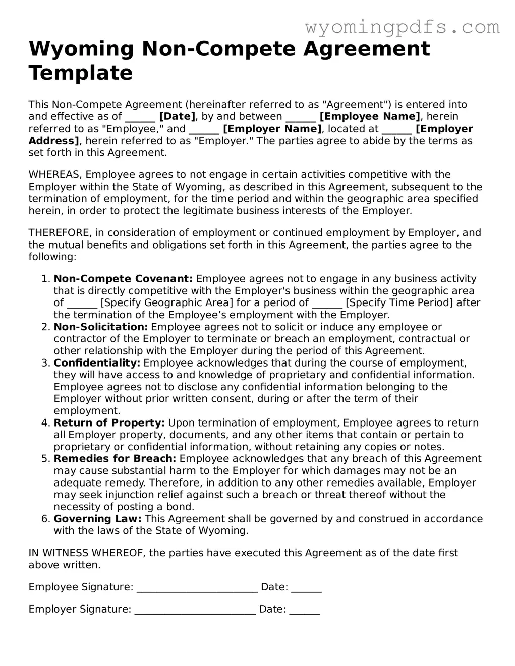 Blank Wyoming Non-compete Agreement Form