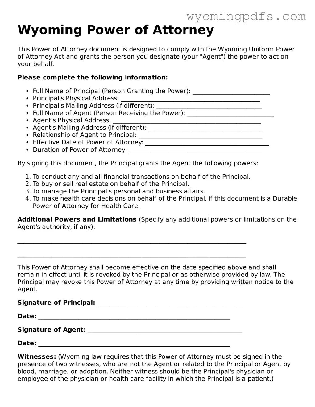 Blank Wyoming Power of Attorney Form