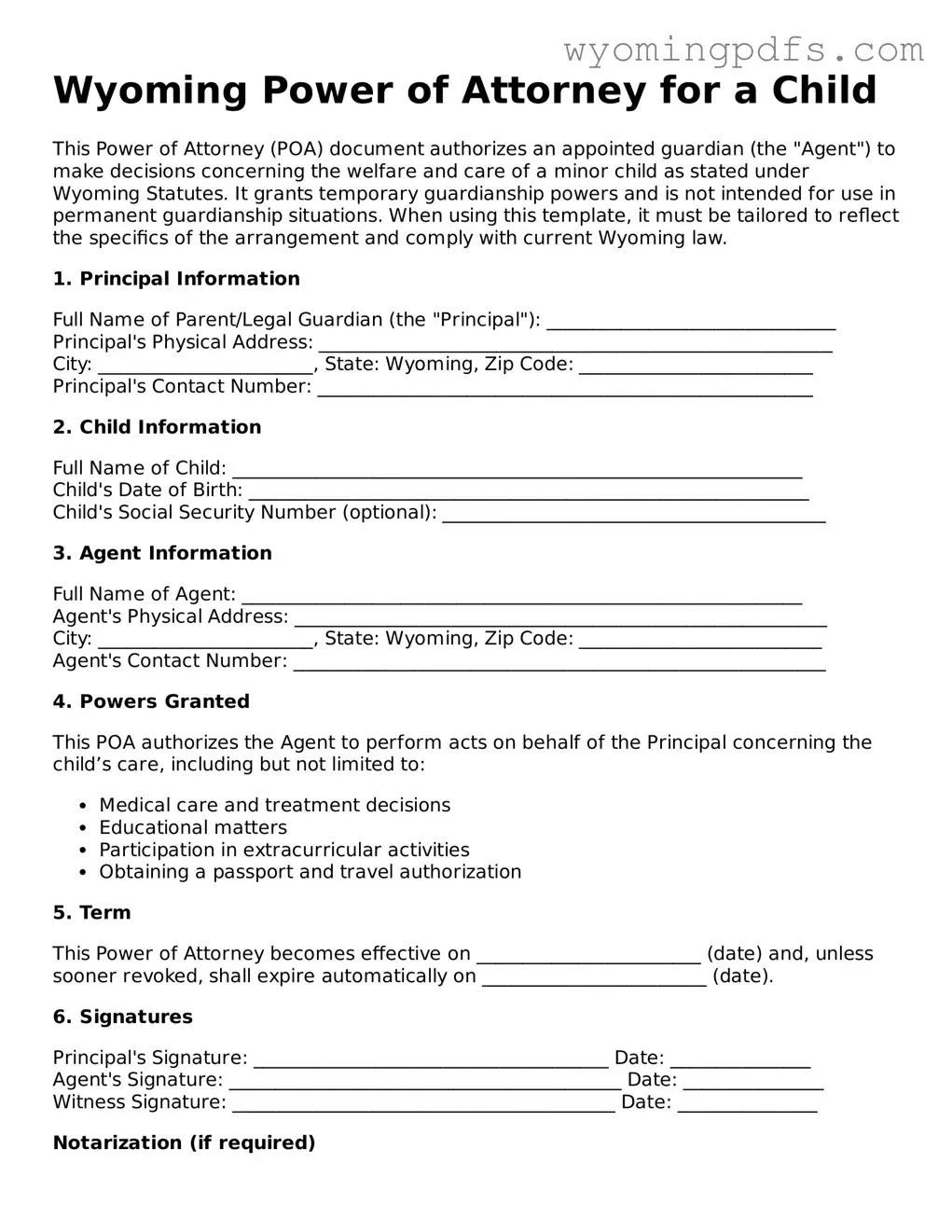 Blank Wyoming Power of Attorney for a Child Form