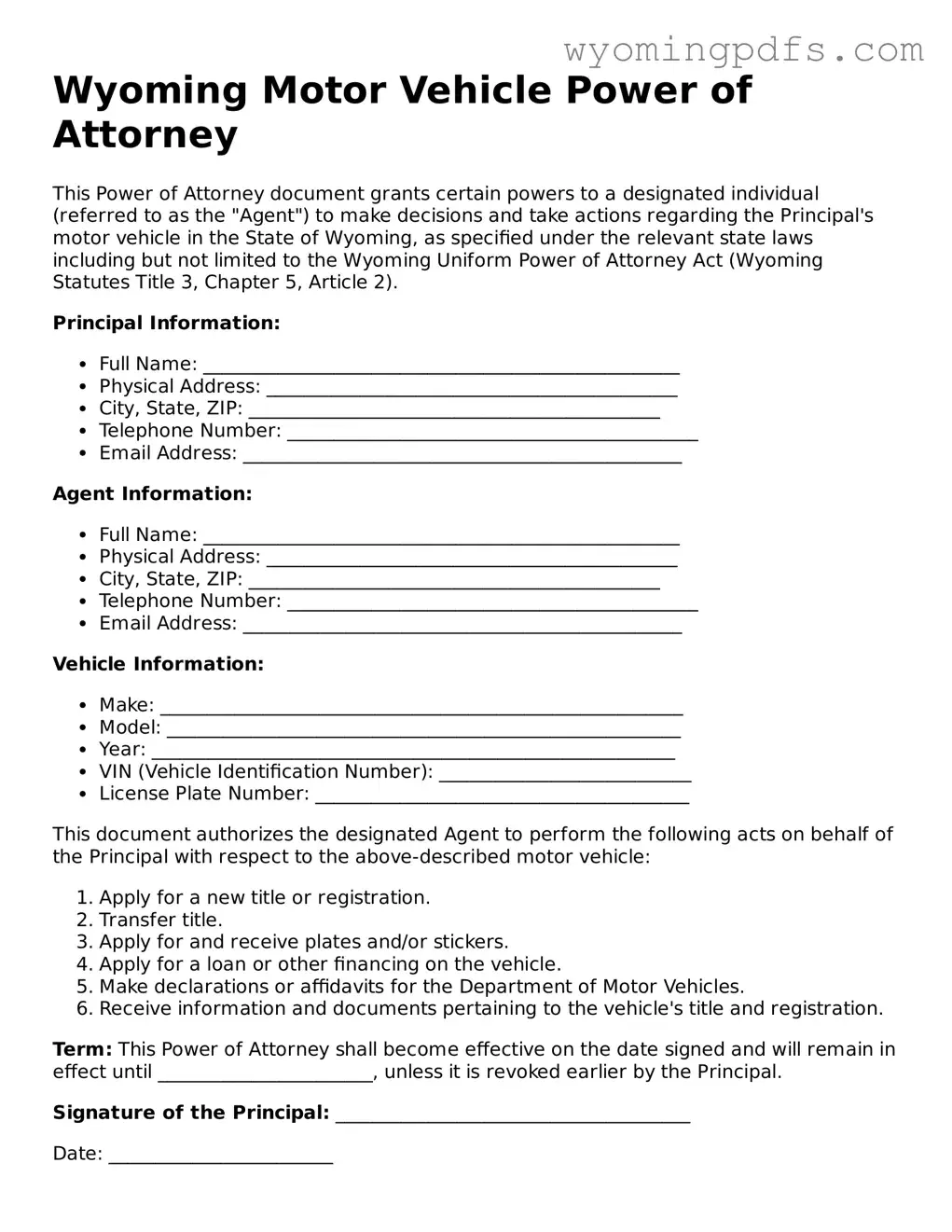Blank Wyoming Motor Vehicle Power of Attorney Form