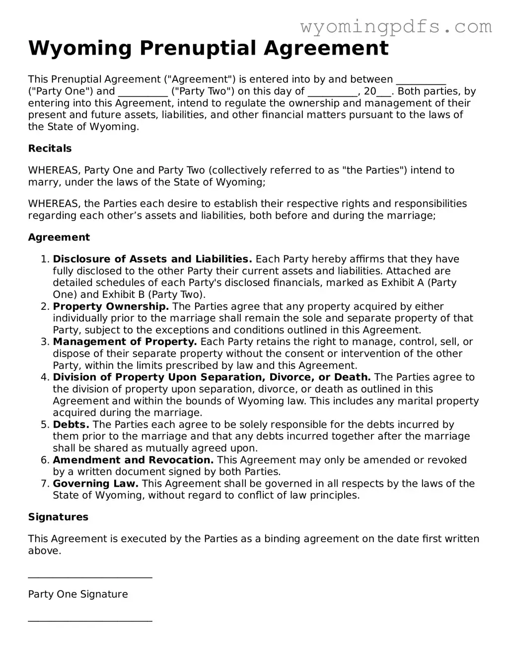 Blank Wyoming Prenuptial Agreement Form