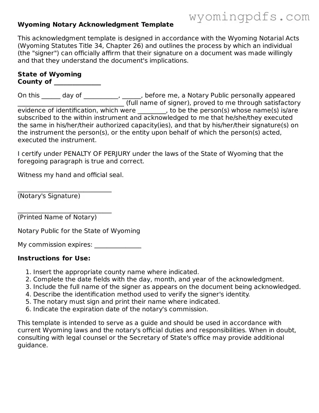 Blank Wyoming Notary Acknowledgement Form