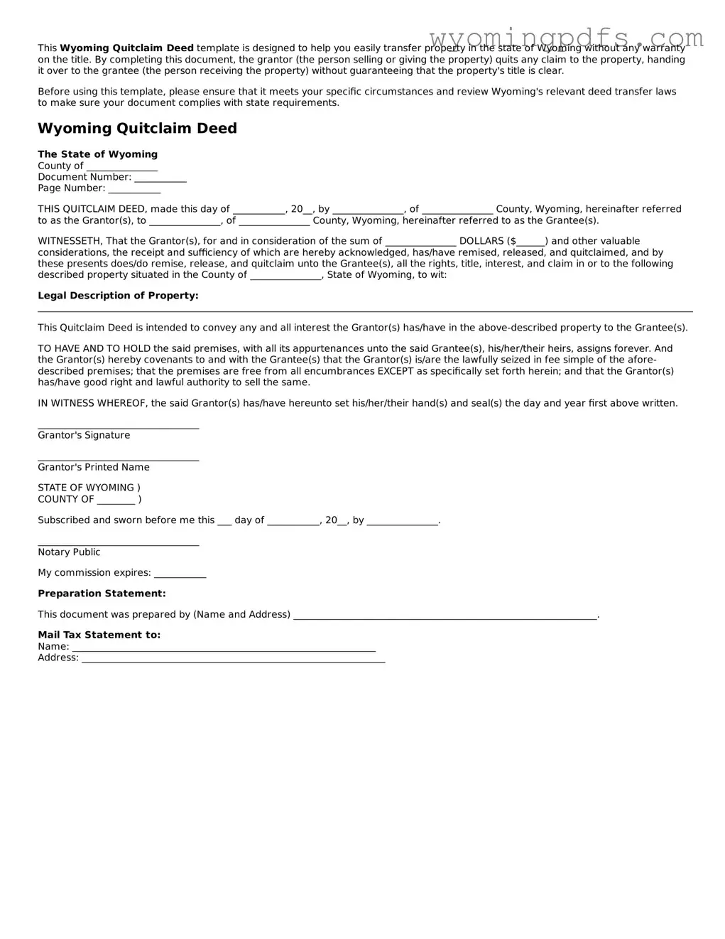 Blank Wyoming Quitclaim Deed Form