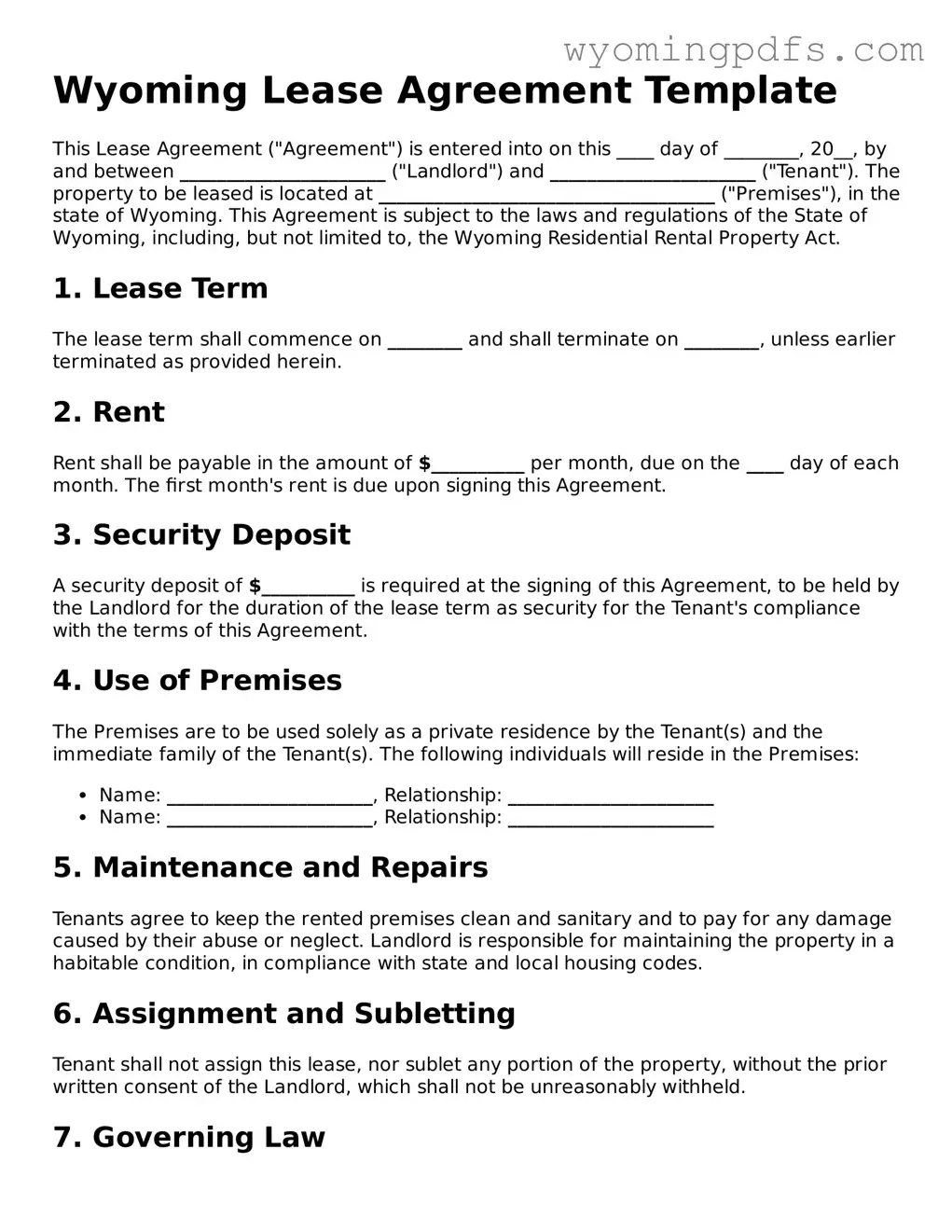 Blank Wyoming Lease Agreement Form