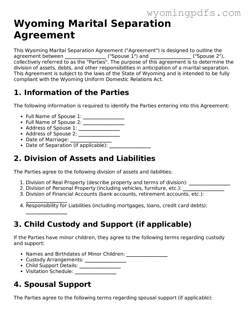 Blank Wyoming Marital Separation Agreement Form