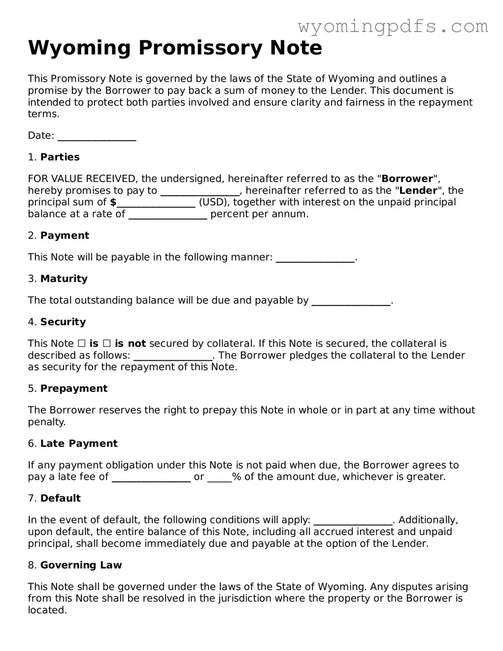 Blank Wyoming Promissory Note Form
