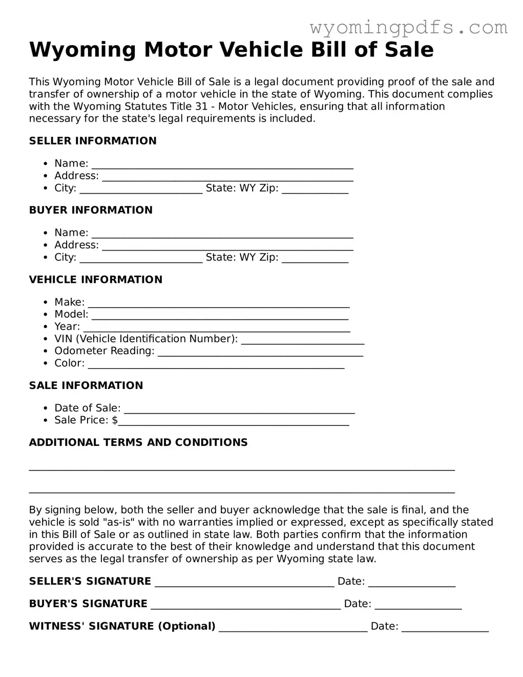Blank Wyoming Motor Vehicle Bill of Sale Form