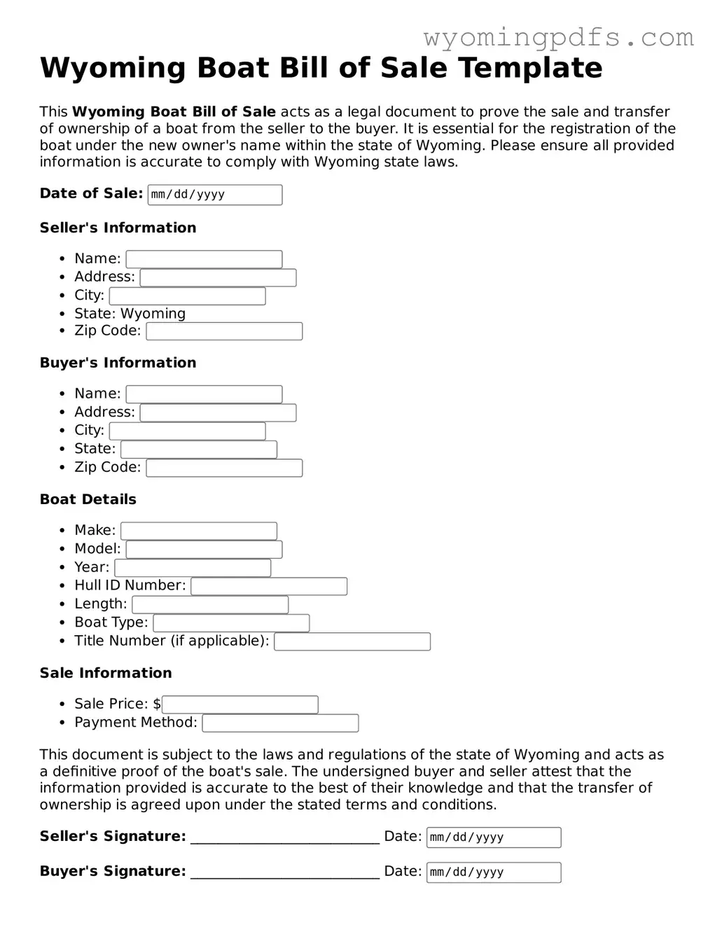Blank Wyoming Boat Bill of Sale Form
