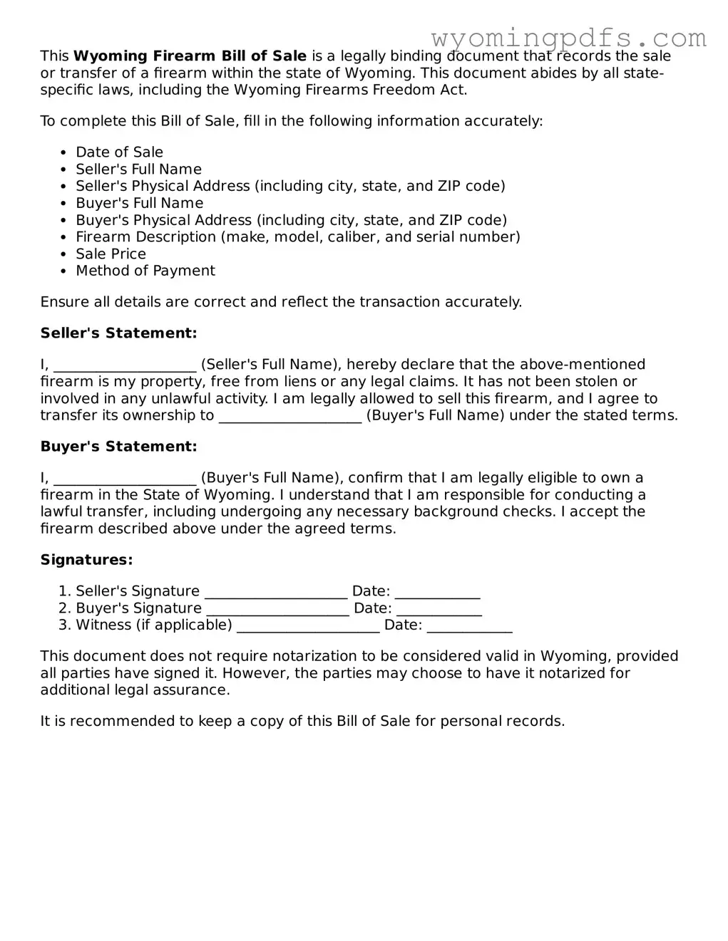 Blank Wyoming Firearm Bill of Sale Form
